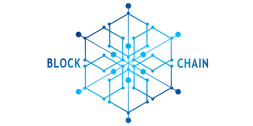 Blaue vernetzte Blockchain-Grafik auf weißem Hintergrund