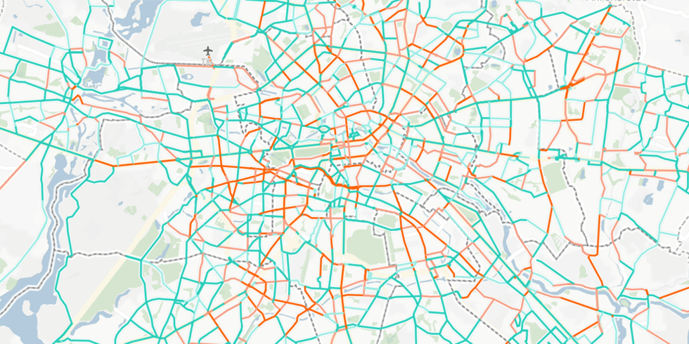 Karte mit Visualisierung der Berliner Radwege und ihrem Status laut FixMyBerlin
